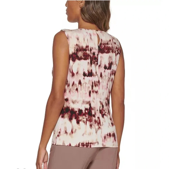 Calvin Klein Petite Printed Pleat-Neck Top in Sand Multi - Wear to Work, Size PL - Picture 2 of 10